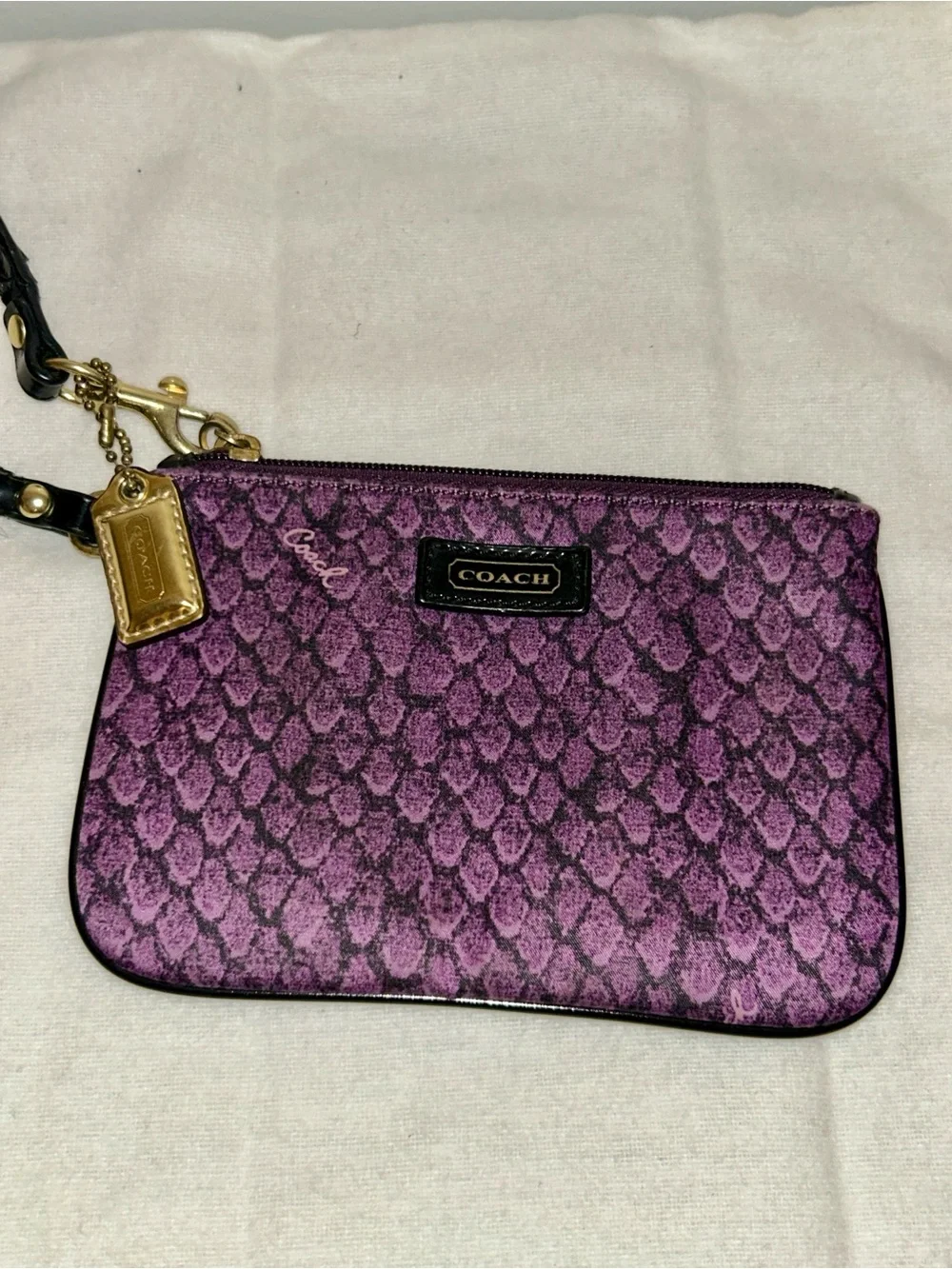 Coach Taylor Snake Print Satin Wristlet in purple and black